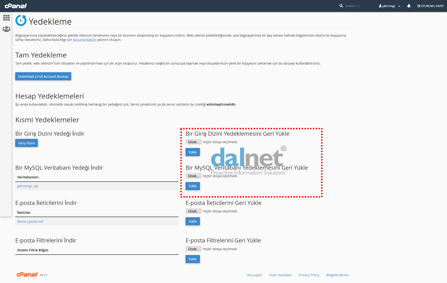 cPanel Yedek Yükleme