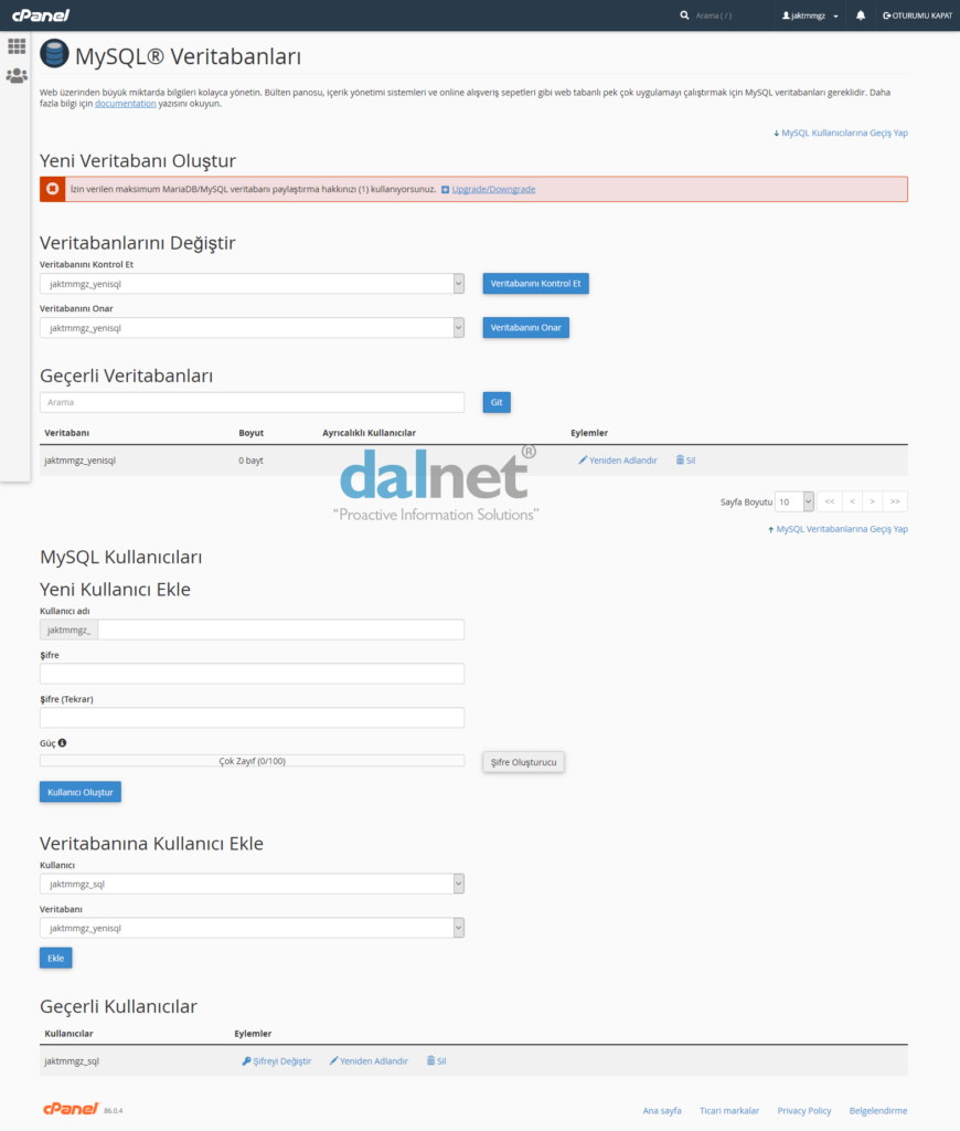 mySQL oluşturma İşlemi