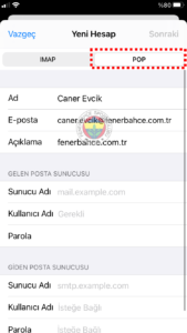 FB POP 7 fenerbahce.com.tr iPhone E-Posta Hesabı Kurulumu