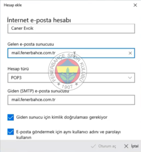 Windows FB 5 fenerbahce.com.tr Windows E-Posta Hesabı Kurulumu